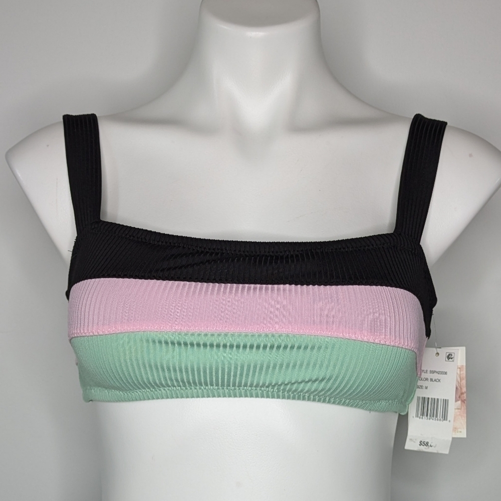 NWT Jessica Simpson black pink green ribbed square neck bikini top S